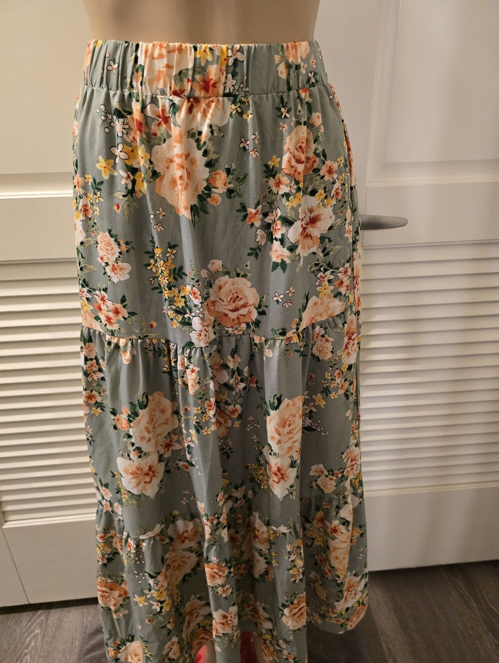 Sage Green Floral Tiered Maxi Skirt with Peach Blooms💚
